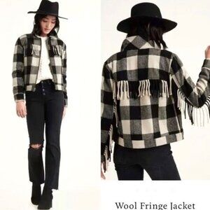 Lucky Brand Black & White Buffalo Plaid Check Fringe Wool Zip Up Jacket XSmall